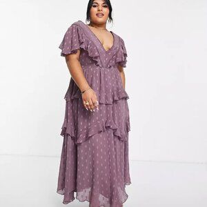 ASOS DESIGN Curve Textured Tiered Midi Dress with Lace Insert Mauve Purple Sz 18